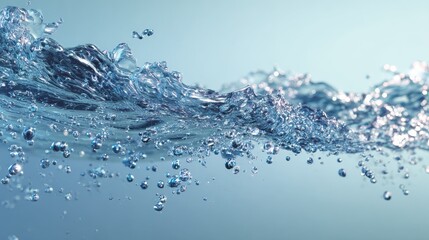 Abstract splash of blue water with bubbles in motion on a bright background.