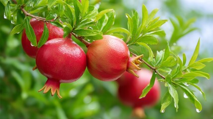 Close-Up of Pomegranate Tree Branches Adorned with Thick Red Fruits Glistening After Rain
