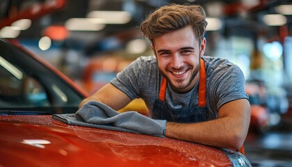 Happy young mechanic smiling while working on a car in an auto repair shop