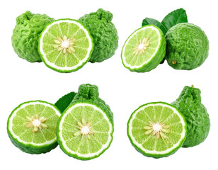 Bergamot Citrus Fruit Arrangement with Green Leaves Showcasing Freshness and Natural Detail against White Background