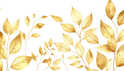 Golden illustration of leaves on white background.
