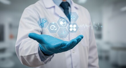 Doctor s gloved hand presenting medical icons and heartbeat line