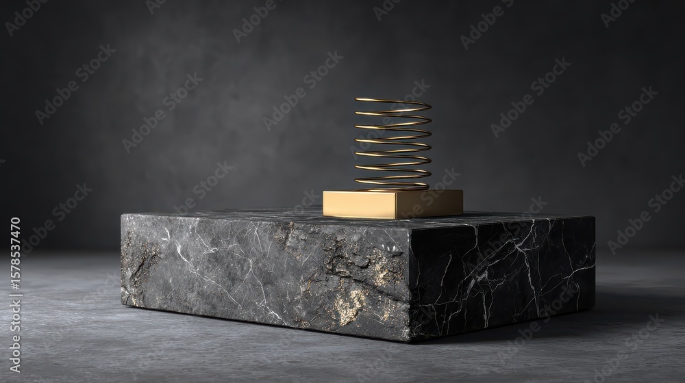 Poster 3d rendered marble podium designed for product display featuring a black rectangular shape and a gol