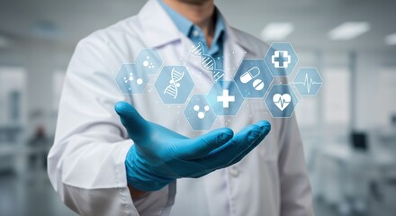 Doctor presenting futuristic medical icons and dna helix in a modern healthcare setting