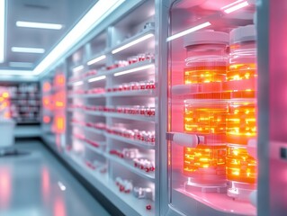 A bright hospital pharmacy glowing with futuristic capsule dispensers, sunlight adding warmth to the modern space