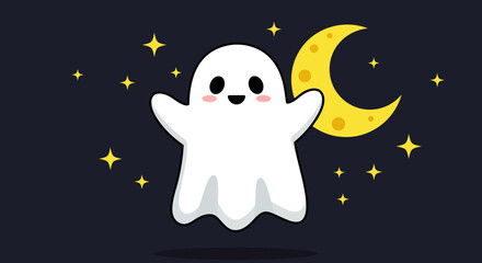 A charming ghost graphic with a crescent moon and stars, perfect for Halloween designs or whimsical cartoon projects.