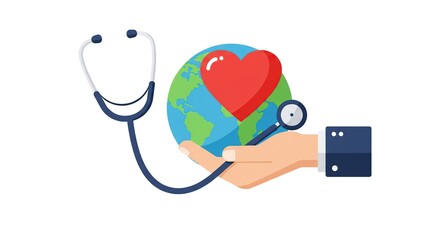 Stethoscope examines heart on globe held by hand