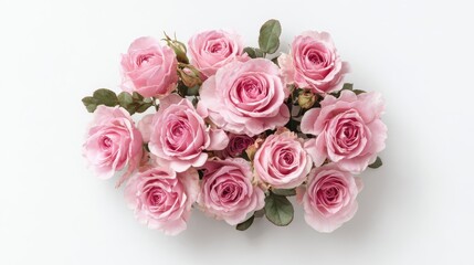 Naklejka premium A bouquet of gentle pink roses isolated on white background. The festive concept for Weddings, Birthdays, March 8th, Mother's, or Valentine's Day. Greeting card, flat lay, mockup, template, no logos,