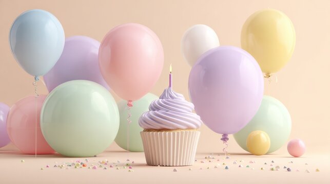 un fondo en colores pastel con globos y un pastel individual cupcake con una vela para festejar un cumplea&Atilde;&plusmn;os