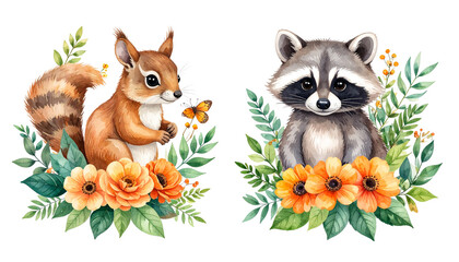 Obraz premium Watercolor illustrations of various animals with leaves and trees on a white background.