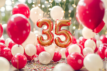 Celebrating a 35th milestone with festive balloons and confetti