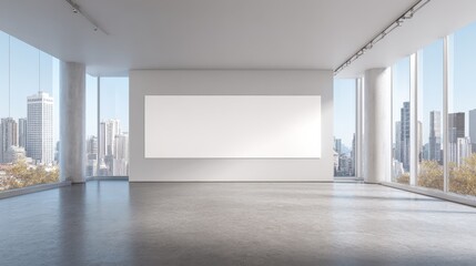 Fototapeta premium Modern gallery with city view and empty gray wall. Museum concept. Mock up, 3D Rendering, no logos, no brands