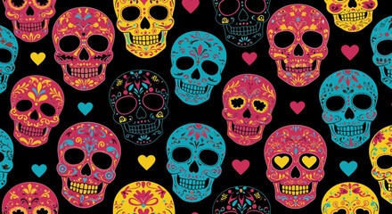 Festive sugar skulls repeat pattern, a colorful and decorative design perfect for Dia de los Muertos celebrations, invitations, and cultural branding.