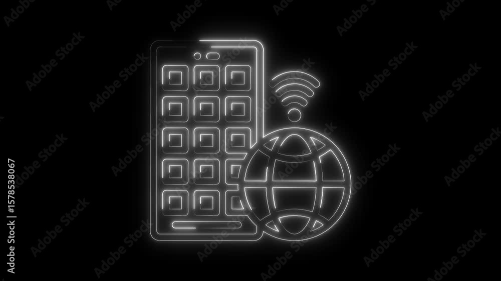 Poster glowing mobile phone with internet globe and wireless connection on black background
