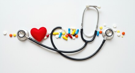 Stethoscope and colorful pills arranged with a red heart on a white background
