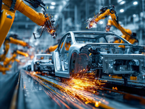 Automated car manufacturing with robotic arms welding on an assembly line