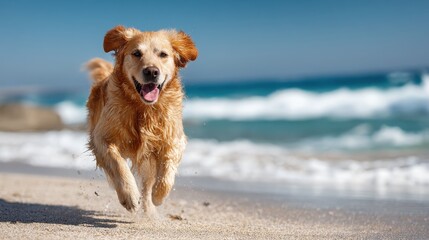 Happy golden retriever dog running joyfully on sandy beach under clear sky with ocean waves in the background