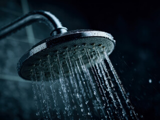 Modern showerhead with flowing water in a bathroom setting