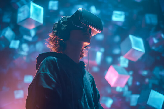 Person wearing a virtual reality headset in a digital environment with floating cubes
