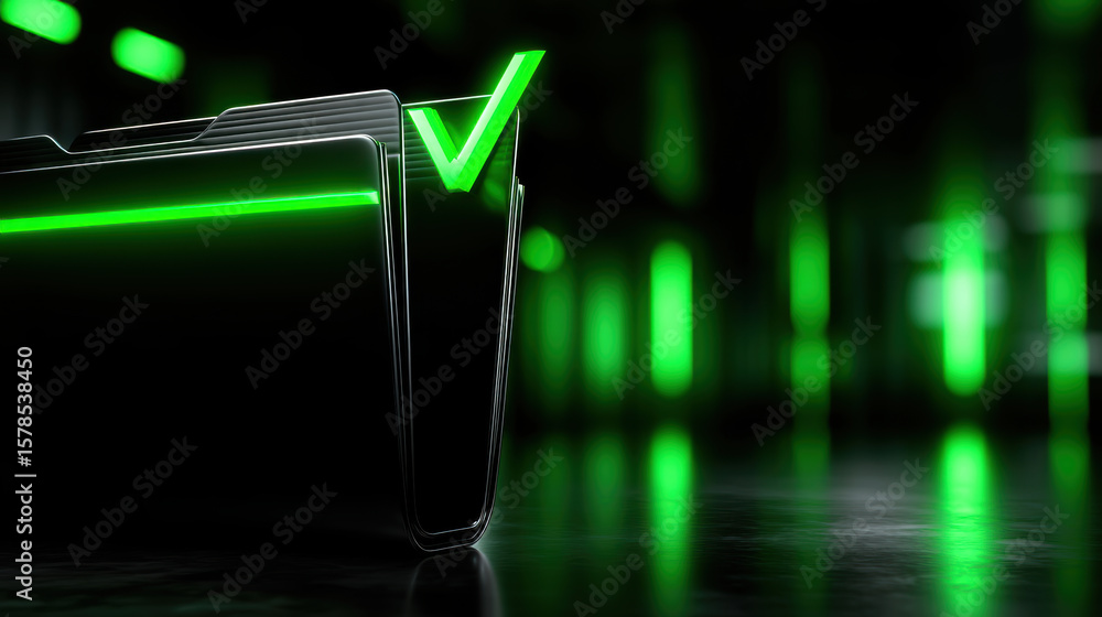 Poster glowing green checkmark on black folder symbolizes approval or completion in digital context. futuri