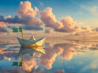 Small paper boat with a green flag floating on a reflective water surface during sunset with a colorful sky and clouds