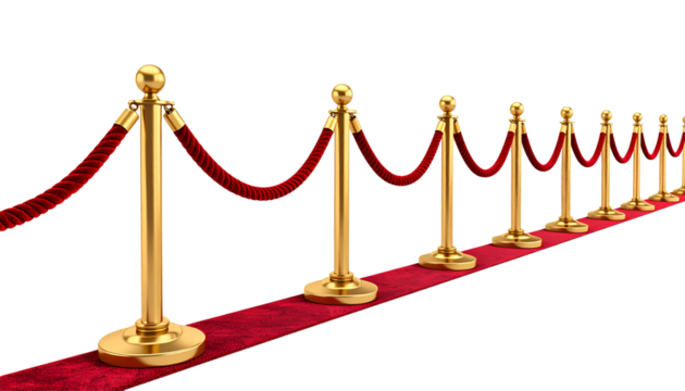 Luxurious golden pillars for blocking the walkway for VIP guests on a white background.