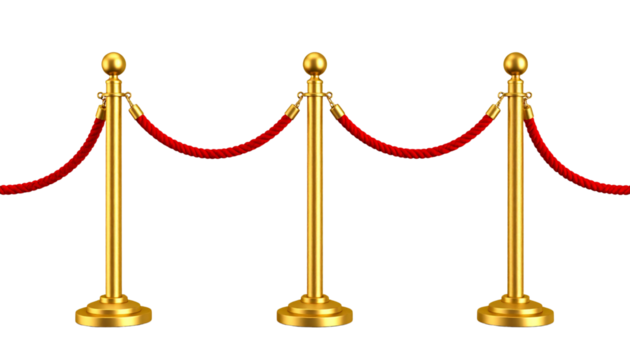 Luxurious golden pillars for blocking the walkway for VIP guests on a white background.