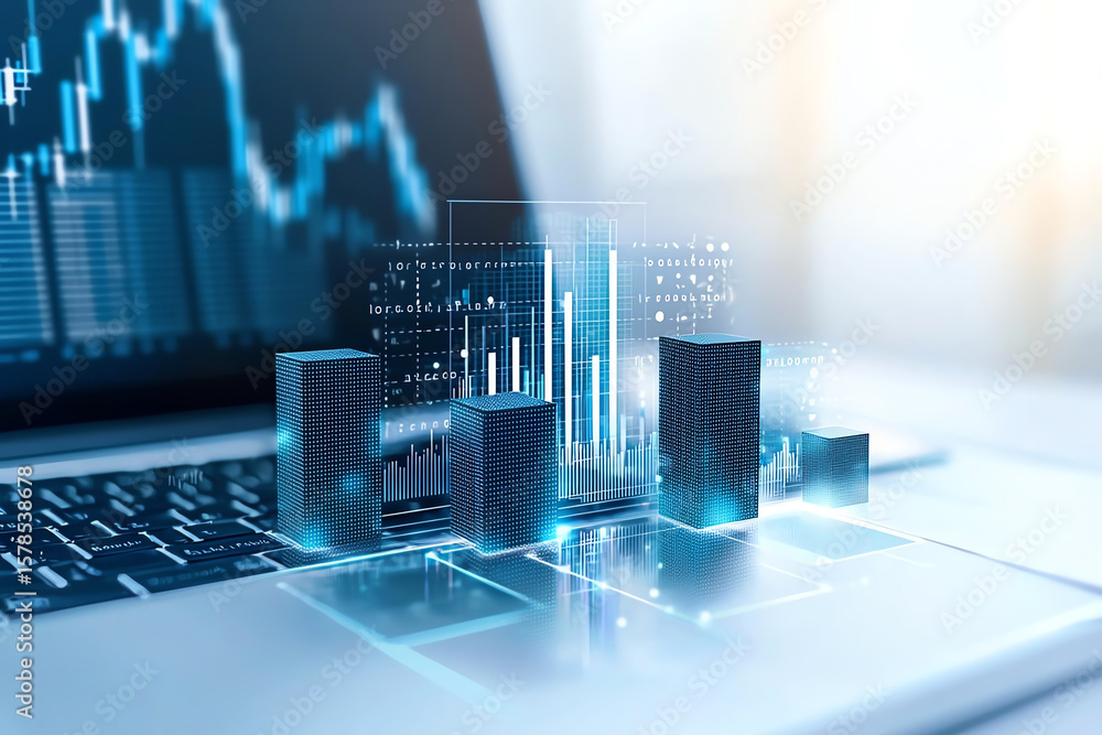 Poster digital data visualization on laptop screen showcases blue cubes representing business growth and an