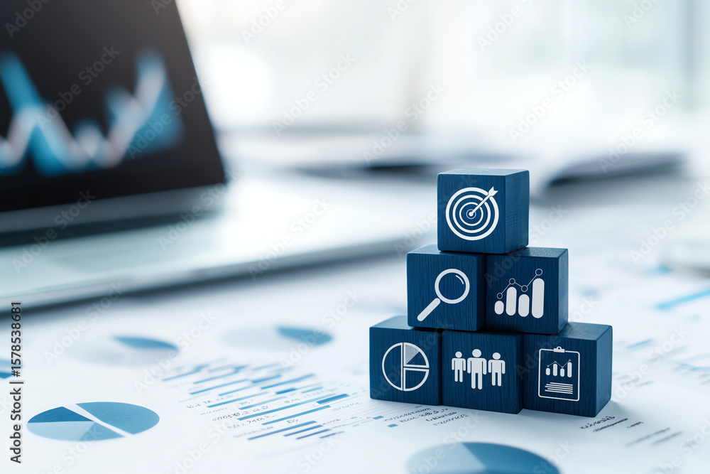 Poster blue wooden cubes with business icons are stacked on table covered with graphs and charts, symbolizi