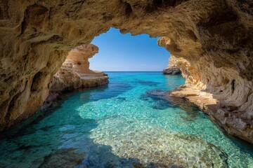 Beautiful Sea Cave with Turquoise Water.