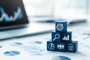 Blue wooden cubes with business icons are stacked on table covered with graphs and charts, symbolizing growth and analysis in professional setting. scene conveys sense of strategy and planning