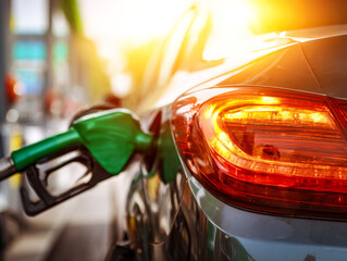 Refueling a modern car at sunset at a gas station