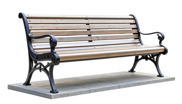 Elegant metal park bench with decorative armrests and slatted backrest, mounted on a solid concrete base.