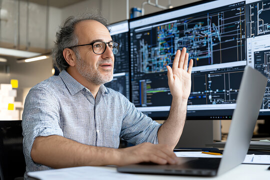 Middle aged businessman with glasses is engaged video call while working laptop. He appears focused and is gesturing with his hand, surrounded by large screens displaying technical diagrams