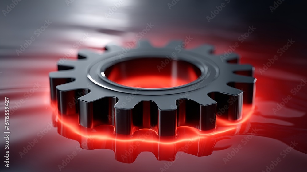Poster black mechanical gear partially submerged in glowing red plasma creating a striking visual contrast