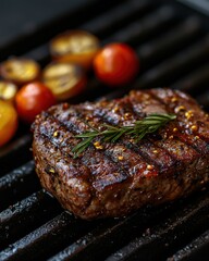 Juicy grilled steak garnished with rosemary and served with roasted cherry tomatoes