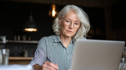Serious mature older adult woman watching training webinar on laptop working from home or in office. 60s middle aged businesswoman taking notes while using computer technology sitting at table., no l