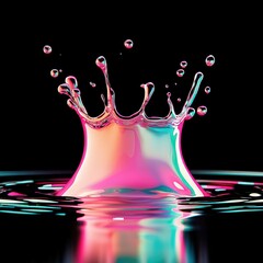 Colorful Water Splash with Droplets on Black Background