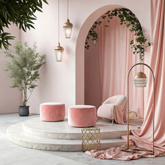Pastel Pink 3D Background Scene with Minimalist Soft Lighting Aesthetic High-Detail Props and Smooth Decorative Decor