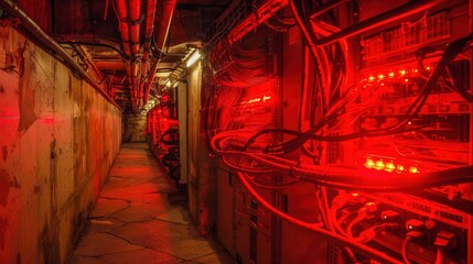 underground server farm overheating with glowing red circuits on melting wires dystopian basement .