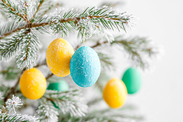 Colorful Easter eggs hanging on a frosted Christmas tree branch