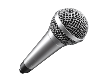 3D microphone icon with mesh grill and metallic body, isolated on a transparent background