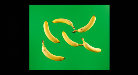 Obraz premium A vibrant image showcasing a collection of ripe yellow bananas against a green backdrop in a studio setting