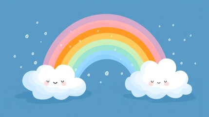 Colorful Pastel Rainbow Arching Over Fluffy Clouds on a Soft Blue Background