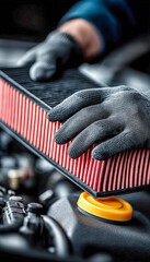 Technician installing an air filter in a vehicle engine compartment