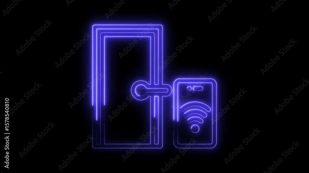 Poster smart lock system animation door with glowing neon light and digital wifi access concept