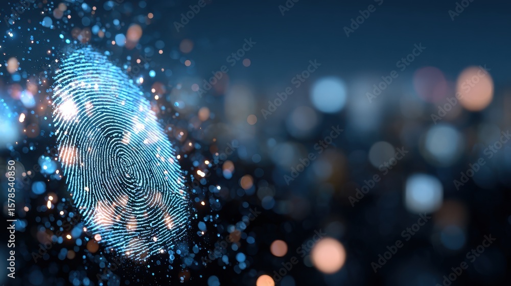 Poster abstract glowing id fingerprint web protection and security interface on blurry blue bokeh city back