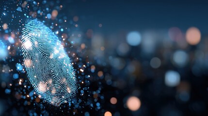 Abstract glowing id fingerprint web protection and security interface on blurry blue bokeh city background with mock up place. Identification, cybersecurity and privacy concept. Double exposure, no l