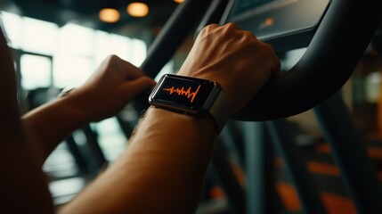 Close-up of a person's wrist with a smart watch displaying workout data on a stationary exercise bike.