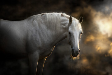 Horse with long mane in sunlight